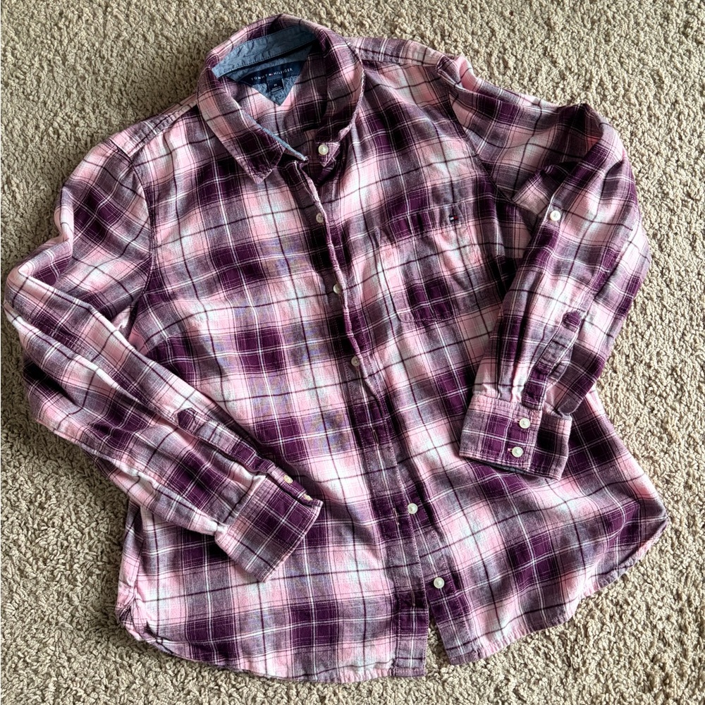 Tommy Hilfiger Pink & Purple Plaid Flannel Button Down | Medium
